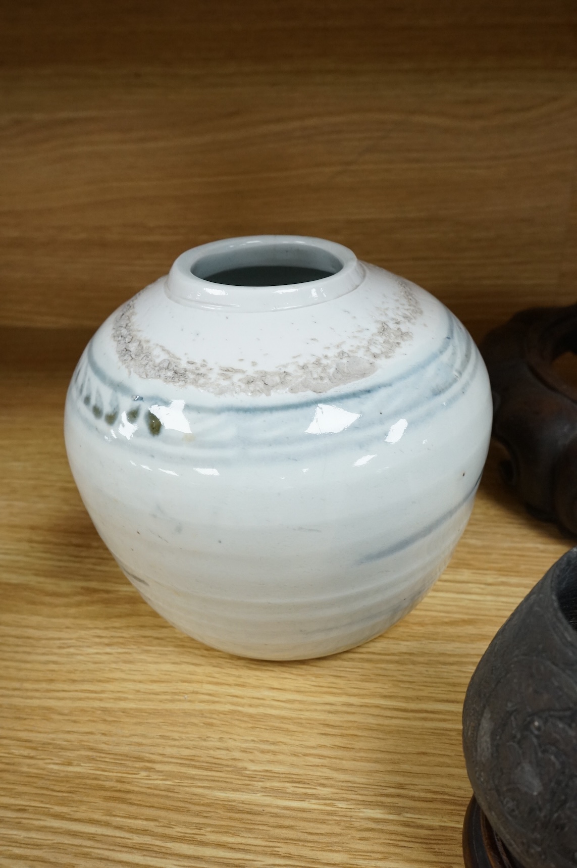 A Korean jar, a pair of Japanese cloisonné vases on stands and other items, largest 23cm high